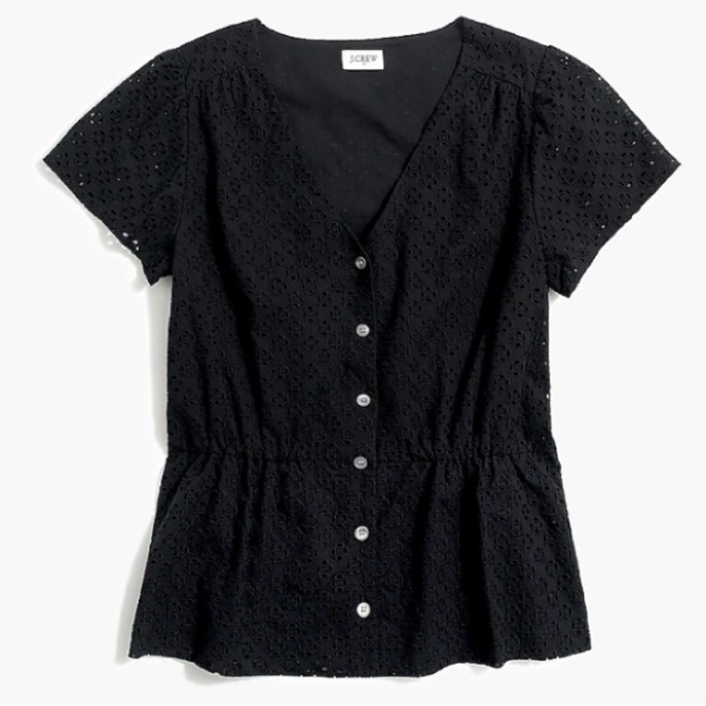 J.Crew Factory Women's Black Short Sleeve Eyelet Lined Button Front Top Size 14